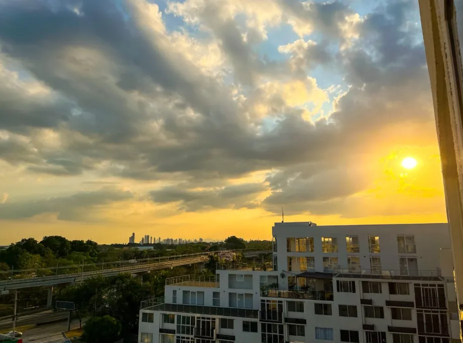 Balcony sunset view of Panama City skyline, apartment near Tocumen Airport